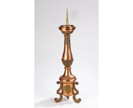 19th Century copper and brass pricket stick, the brass pricket above a bulbous copper stem with brass acanthus leaf decoratio