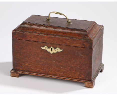 George III mahogany tea caddy, the rectangular top with arched edges enclosing three tin containers, the front of the caddy w