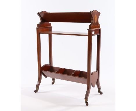 Edwardian mahogany and fan marquetry inlaid book trough, with trough form top and lower section, on square line inlaid legs, 