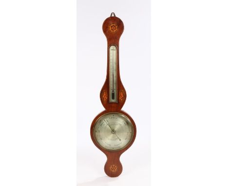 Early 19th Century mahogany and marquetry inlaid wheel barometer by F. Molton, St Lawrence Steps Norwich, the floral inlaid p