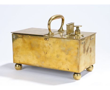 Rich's patent brass bar top tobacco dispenser, with central carrying handle, coin slot and push button mechanism, raised on o