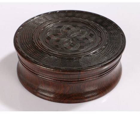 19th Century turned rosewood table snuff box and cover, with engine turned decoration, 11cm diameterNo visible condition issu