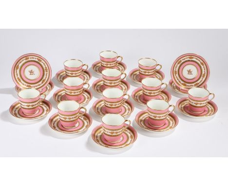 Twelve piece porcelain coffee service, with twelve coffee cans with pink edges and gilt foliate decoration, together with six