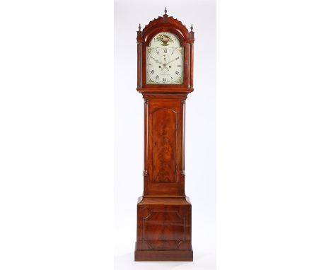 George III mahogany longcase clock, H Wells of Framlingham, the arched hood with finial terminals above a glazed hood and tur