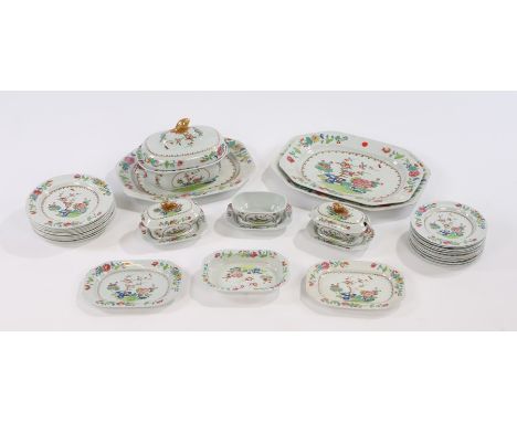 Spode stone china part dinner service, in the famille rose palette, to include a tureen cover and base, three platters, two s