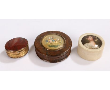 19th Century boxes, to include an ivory box with enamel miniature depicting a young lady, 46mm diameter, another snuff box wi