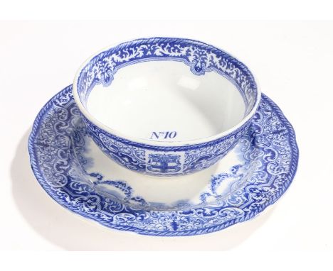 Copeland Spode blue and white transfer decorated plate and bowl from Christ's Hospital, the bowl with "NO.10" to central fiel