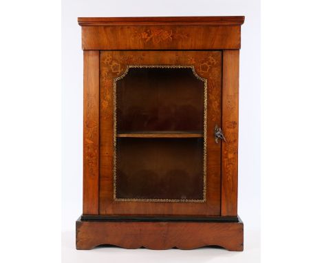 Victorian walnut and marquetry inlaid display cabinet, the floral marquetry inlaid frieze above a shaped glazed marquetry inl