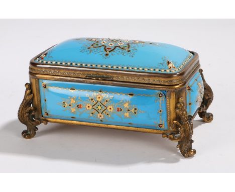 19th Century French enamel and ormolu casket, circa 1870, the blue ground with stylised foliate decoration, raised on pierced