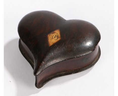 George III lignum vitae valentine snuff box, the heart shaped box with an inlaid yew wood tablet with the letter B, 50mm diam