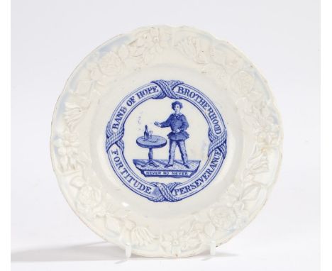 Pearlware temperance plate, the central field with depiction of a gentleman with table, pipe bottle and glass above the motto