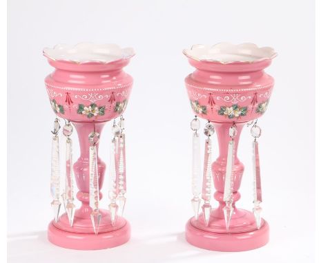 Pair of Victorian table lustres, in pink glass with foliate enamel decoration and clear glass drops, 35cm high, (2)Gilt rubbe