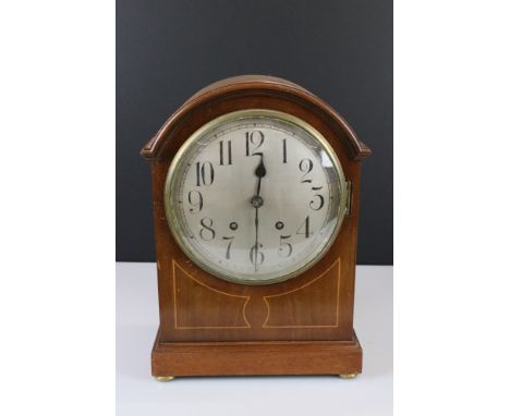 Edwardian Mahogany Inlaid Domed Top Bracket Clock, the large silvered dial with Arabic numerals and twin winding holes, 38cm 