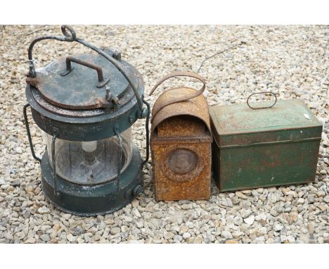 A mid 20th century outdoor lamp with aluminium frame together with a Workmans lantern and a Metal Box 