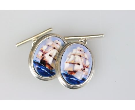 Pair of Silver and Enamel Cufflinks depicting Ships at Sail 