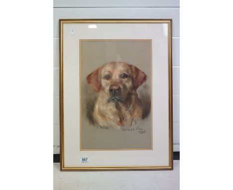 Pastel Portrait of a Yellow Labrador titled Rose, indistinctly signed (Donald Pass ?) and dated 1980, 28cm x 43cm, framed and