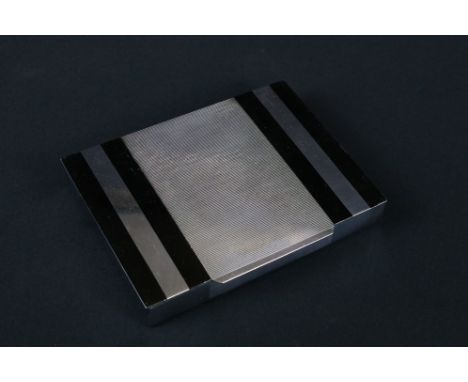 Art Deco Chrome and Black Enamel Box, the hinged lid opening to a cedar lined twin division interior, 16cm wide 