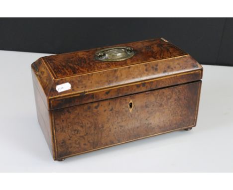 Early 19th century Burr Walnut and Inlaid Tea Caddy, the hinged lid opening to a recess for a mixing bowl and two hinged lid 