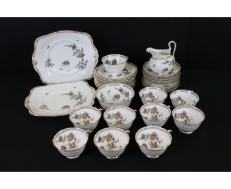 Early 20th century Tuscan Plant Tea Set decorated with birds, insects and foliage comprising 10 Tea Cups, 10 Saucers, 12 Tea 