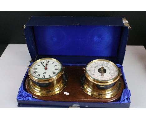 Sewills of Liverpool Brass Cased Marine / Ship's Clock and Aneroid Barometer, both mounted on a single wooden plinth, in orig