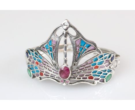 Silver and Plique a Jour Cuff Bangle with Ruby Cabochon