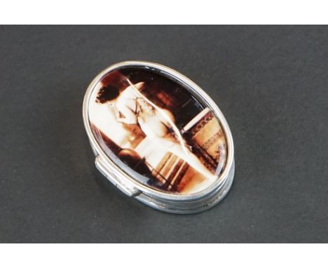 Silver Oval Shaped Pill Box with Nude Enamel Plaque to lid 