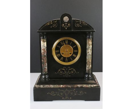 Large Victorian Slate and Marble Mantle Clock, 8 day movement, with key, 44cm high 