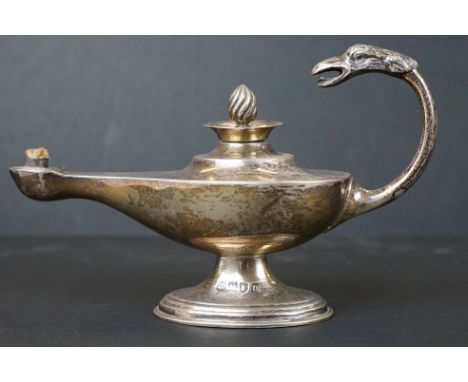 Silver Table Cigar Lighter in the form of an Oil Lamp, crested, by S W Smith and Co, London 1928, lacking sconce 