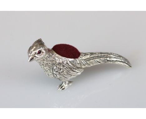 Silver Pheasant Pin Cushion with Ruby Eyes 