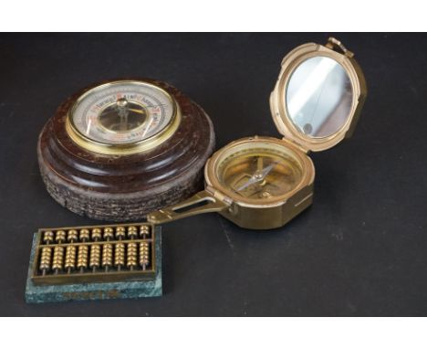 Brass Stanley London Compass, Desktop Abacus with Marble Base and a Cornish Serpentine Barometer 