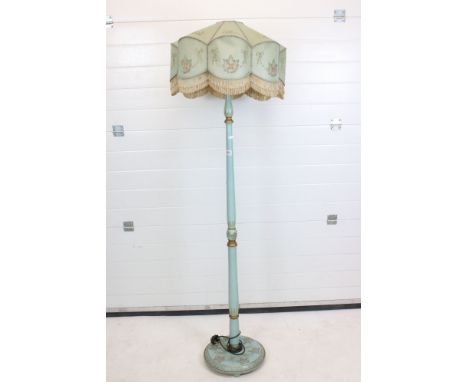 Early to Mid 20th century Blue and Gilt Painted Wooden Standard Lamp with fringed shade, 178cm high 