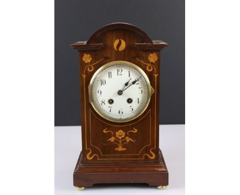 Edwardian Mahogany and Floral Inlaid Bracket Clock, the white enamel dial with Arabic numerals and two winding holes, raised 