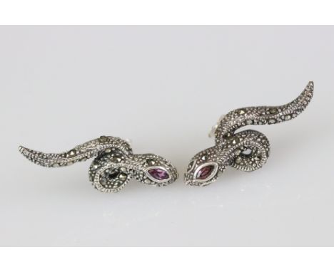 Pair of Silver Snake Earrings with inset amethyst. 