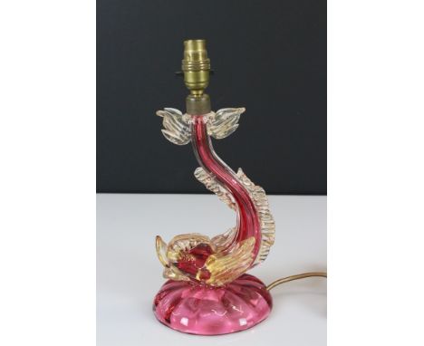 Venetian Murano Pink and Gold Aventurine Glass Table Lamp in the form of a Fish, in the manner of Salviati, 34cm overall heig