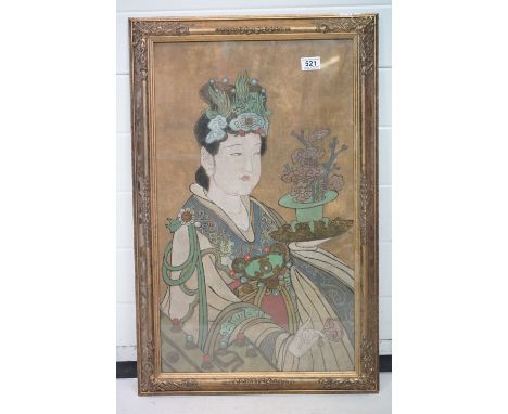 Oriental School, Ornate Framed Portrait on Textile of a Female in Traditional Dress holding a floral display 