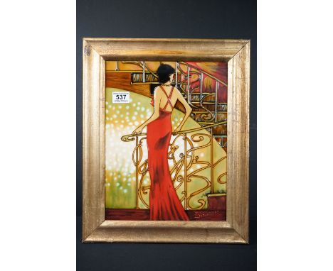 Dominguez, Framed Ceramic Plaque Portrait of an Elegant Lady in Art Deco setting 