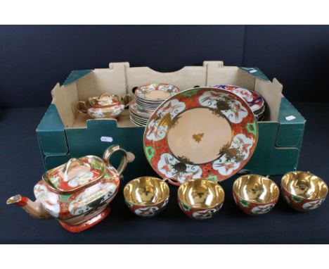 Japanese ' Genuine Samurrai China ' Handpainted Tea Set including Teapot, Lidded Sugar, Milk, Six Teacups, Saucers and Tea Pl