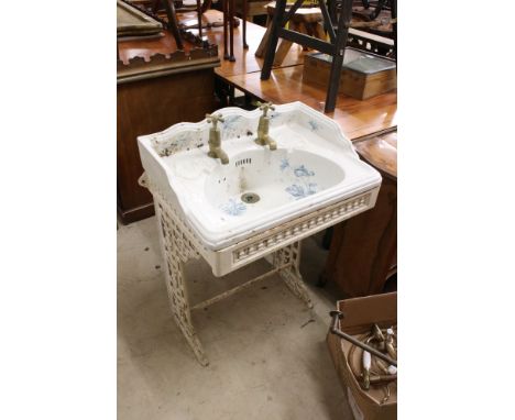 Victorian Ceramic Wash Basin with transfer printed decoration of blue flowers, registration number to underside, fitted with 