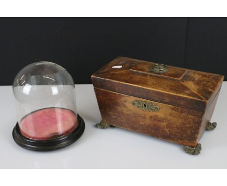 Regency Mahogany Sarcophagus Tea Caddy, the hinged lid opening to blue glass mixing bowl and two lidded compartments, 28cm lo