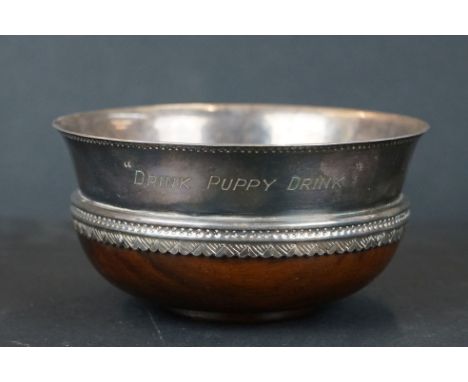 Rosewood and Silver mounted Dog's Bowl by Thomas Bradbury &amp; Sons, Sheffield 1943 inscribed ' Drink Puppy Drink ' 12cm dia
