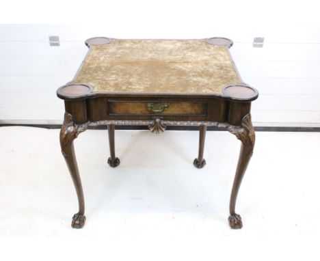 George II Irish Mahogany and Cross-banded Card Table, inverted fold over top on a double gate-leg support revealing a baize p