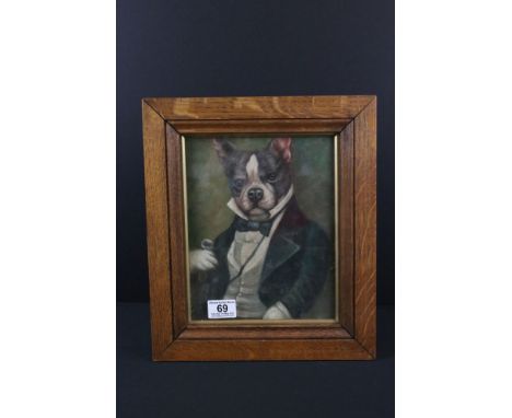 Oak Framed Oil Painting Portrait of a French Bulldog dressed in gentleman's attire 