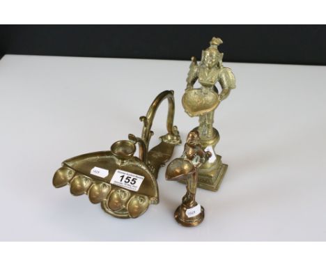 Brass Indian / Hindi Puja Oil Lamp together with Two Brass Indian / Hindi Deity Oil Lamps, tallest 20cm 