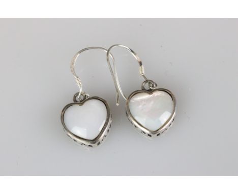 Pair of Silver and Heart Shaped Mother of Pearl Earrings 