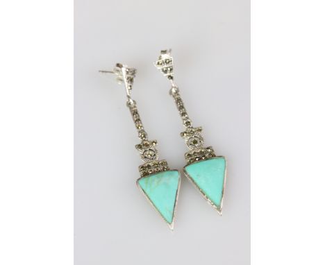 Pair of Silver and Marcasite Art Deco style Drop Earrings with turquoise panels 