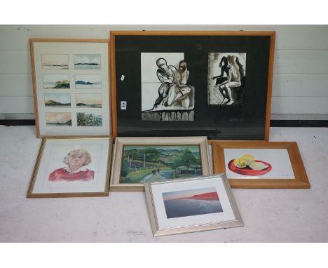 Five Watercolour / Oil Paintings including Eight Small Cicely Yudkin Watercolours framed as One, Watercolour Portrait by Jane