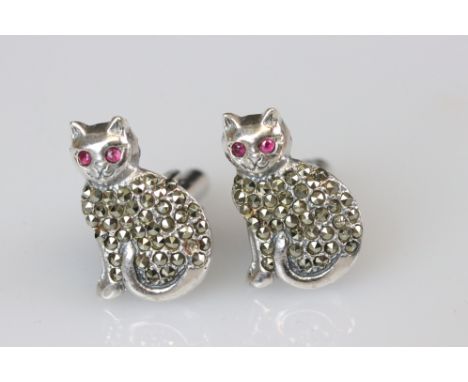 Pair of Silver Cat Cufflinks set with Marcasite and Ruby Eyes 