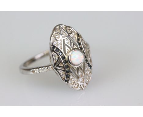 Silver and CZ Ring with opal central panel 