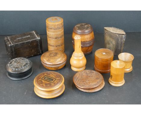 A collection of antique treen collectables to include coin box, spice box, string box and mauchlin ware together with a carve