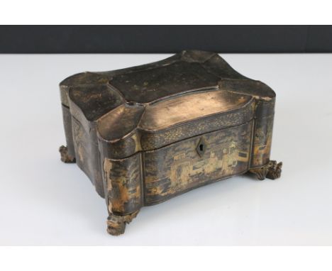 19th century Chinese Black Lacquered Tea Caddy with gilt chinoiserie decoration (rubbed), the hinged lid opening to two pewte